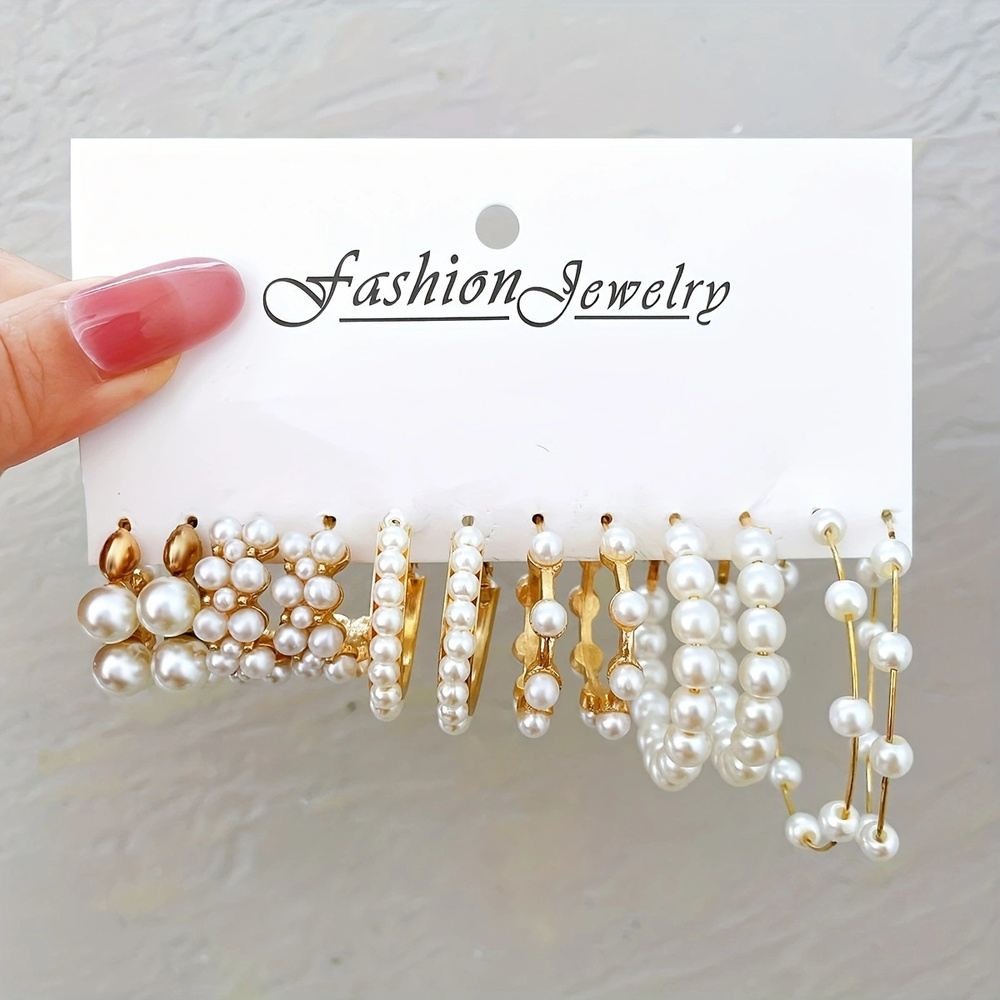 Pearl Radiance Collection: Elegant 6 Pairs Golden Hoop Earrings - Picture 5 of 6
